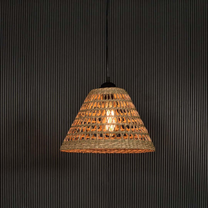 Rattan pendant light with conical woven shade displayed on black background for modern rustic home lighting decor.