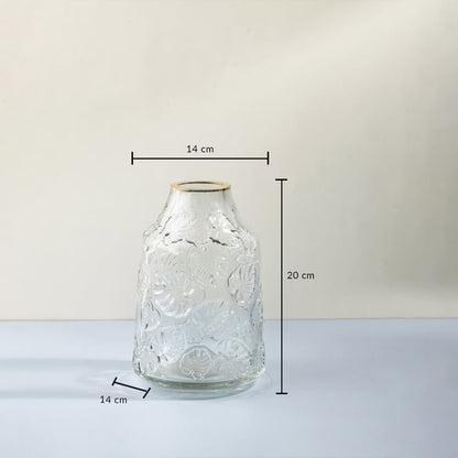 Glass vase with embossed leaf design shown with 20 cm height and 14 cm width Dimension Image.