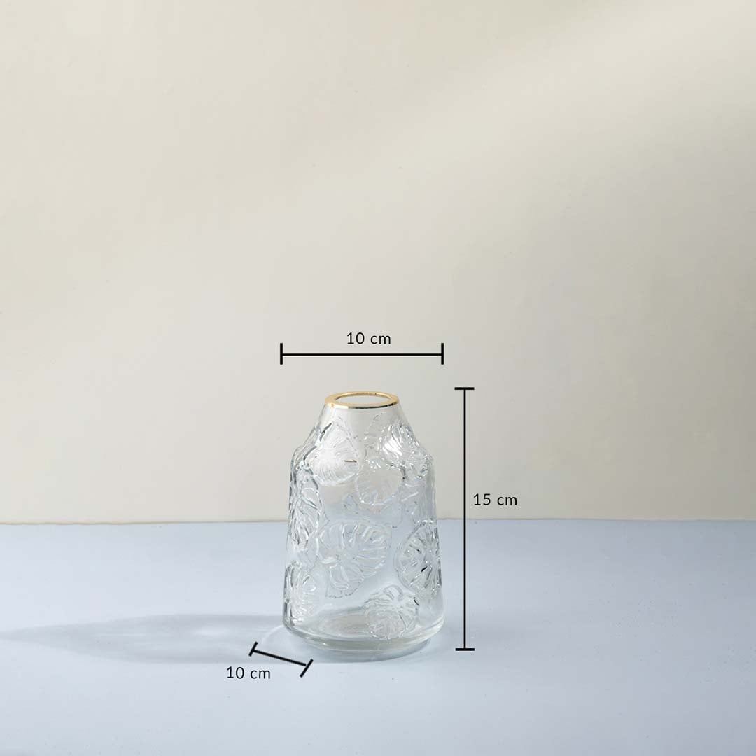 Transparent embossed glass flower vase with golden rim 15 cm height 10 cm width dimension image for table decor.