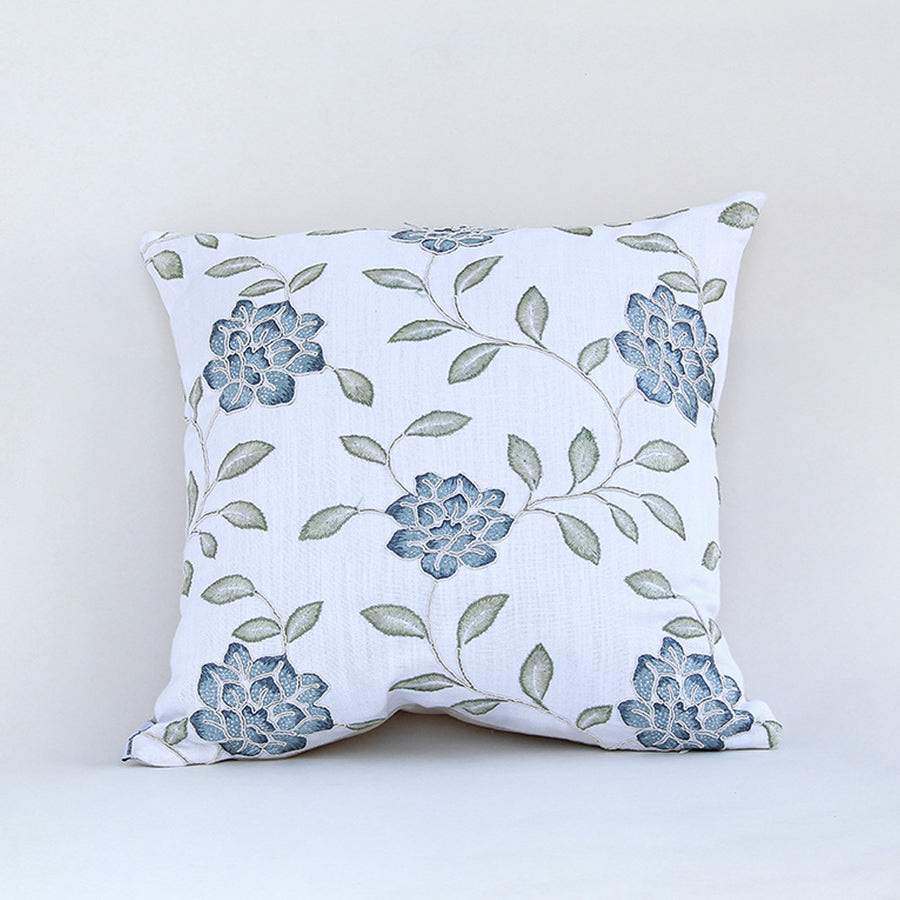 White cotton cushion cover with soft grey botanical leaf print for sofa couch bedroom and elegant interior styling.