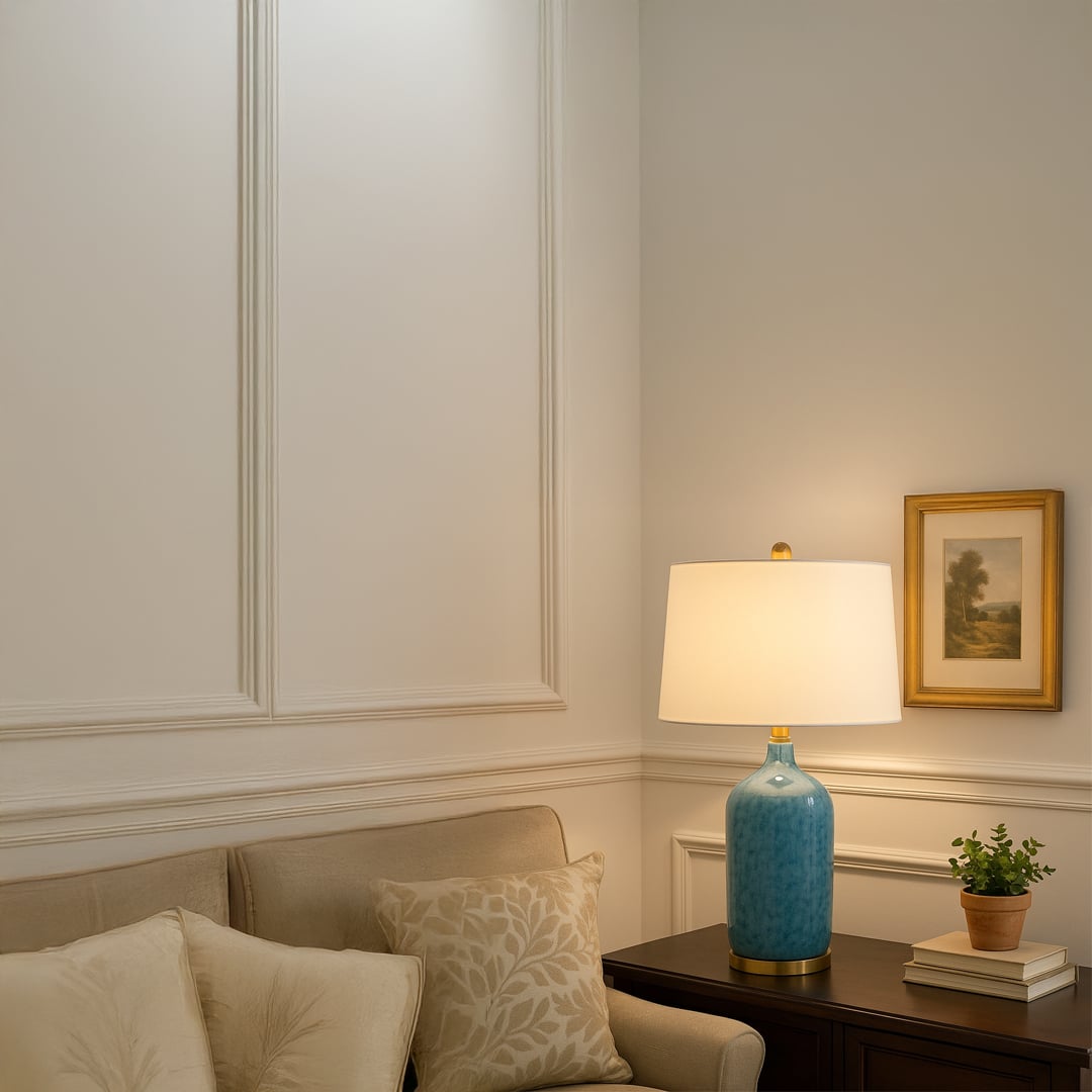 Modern blue ceramic table lamp with gold metal base and white fabric shade adds elegance and a refreshing coastal charm to interiors.