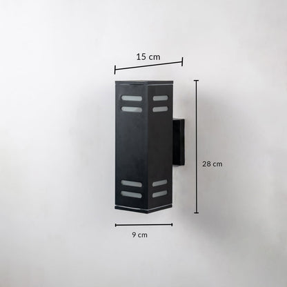 Black rectangular wall light dimension image showing 28 cm height and 9 cm width with modern sleek shape.