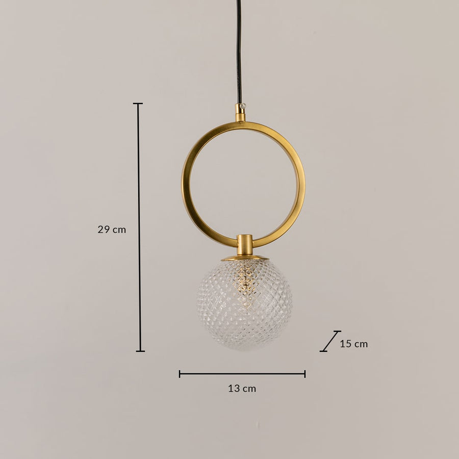 Gold ring pendant light with 29 cm height 13 cm width and 15 cm depth shown clearly for accurate hanging placement.