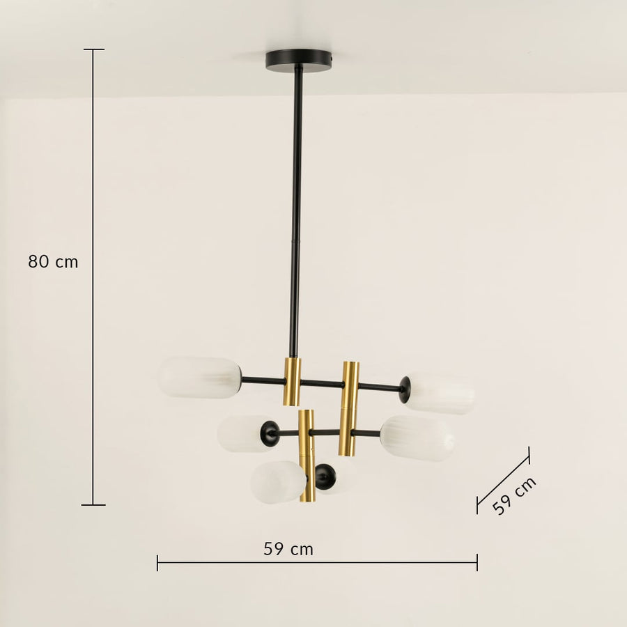 Designer gold black and white chandelier showing 80 cm height and 59 cm width ideal for modern dining rooms and luxury home interiors.