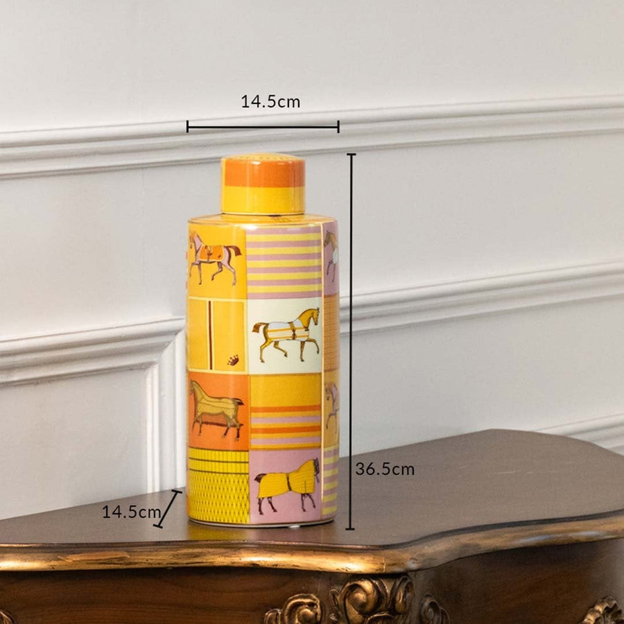 Yellow ceramic jar with horse illustrations measuring 12.5 cm width and 34.5 cm height ideal for bold hallway décor and console styling.