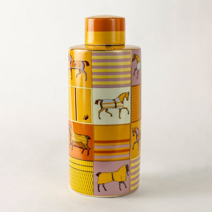 Gold ceramic jar featuring a striking horse artwork tailored for luxury equestrian décor offering a premium handcrafted design that elevates upscale interiors with bold elegance.