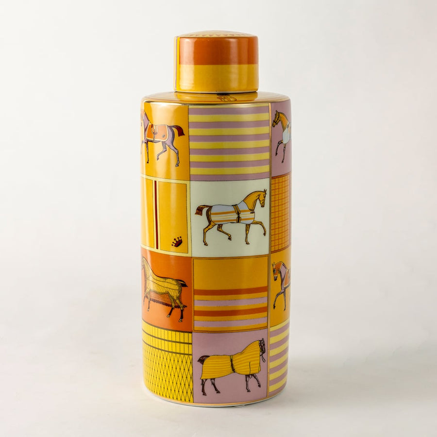 Gold ceramic jar featuring a striking horse artwork tailored for luxury equestrian décor offering a premium handcrafted design that elevates upscale interiors with bold elegance.