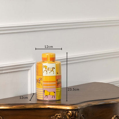 Tall yellow ceramic jar with horse artwork in a front view measuring 11.5 cm width and 25 cm height perfect for vibrant décor styling.