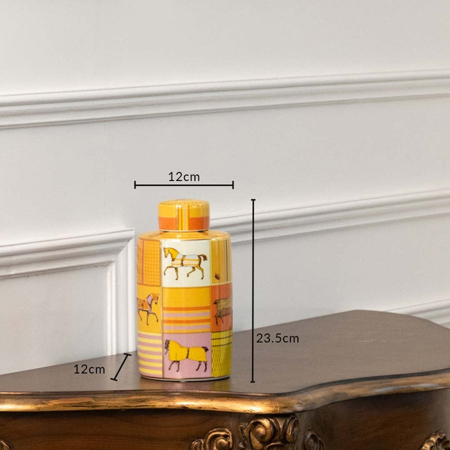 Tall yellow ceramic jar with horse artwork in a front view measuring 11.5 cm width and 25 cm height perfect for vibrant décor styling.