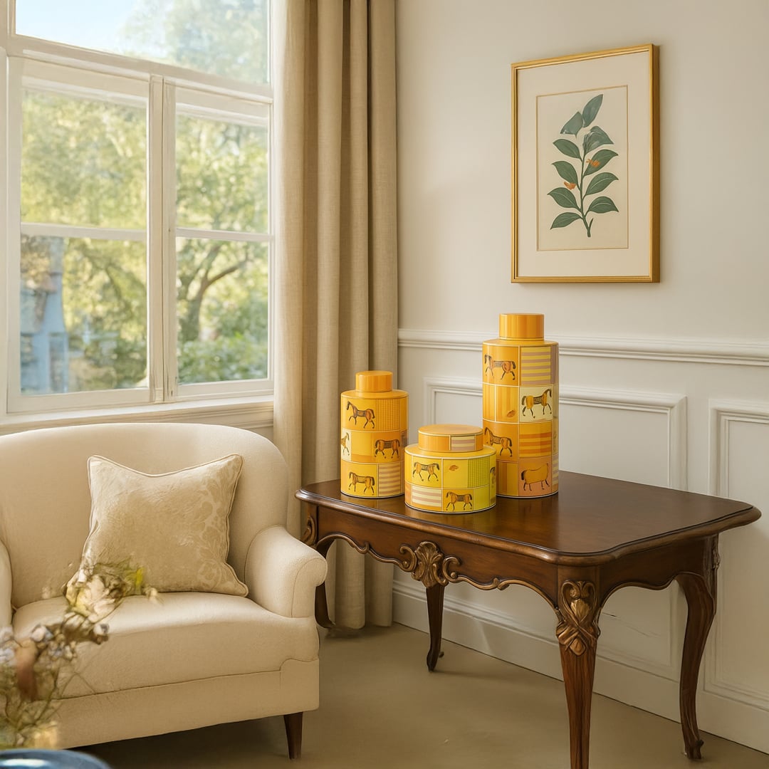 Set of yellow ceramic jars with horse artwork in a front view ideal for bright décor styling and stylish living room placement.