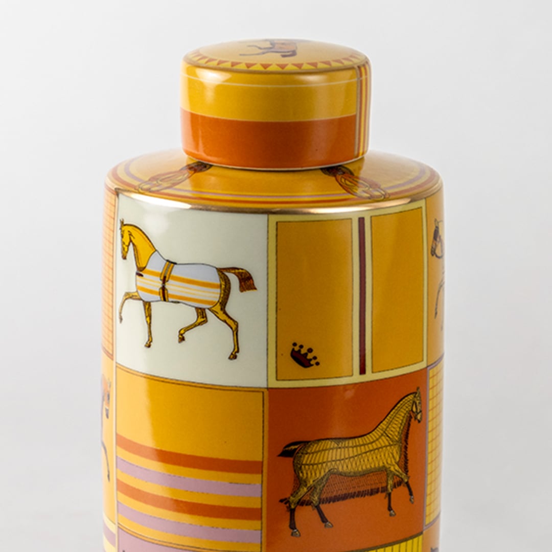 Tall yellow ceramic jar with horse artwork in a front view perfect for vibrant décor styling and stylish console display.