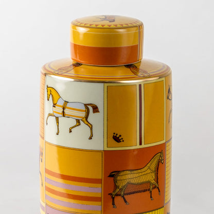 Tall yellow ceramic jar with horse artwork in a front view perfect for vibrant décor styling and stylish console display.