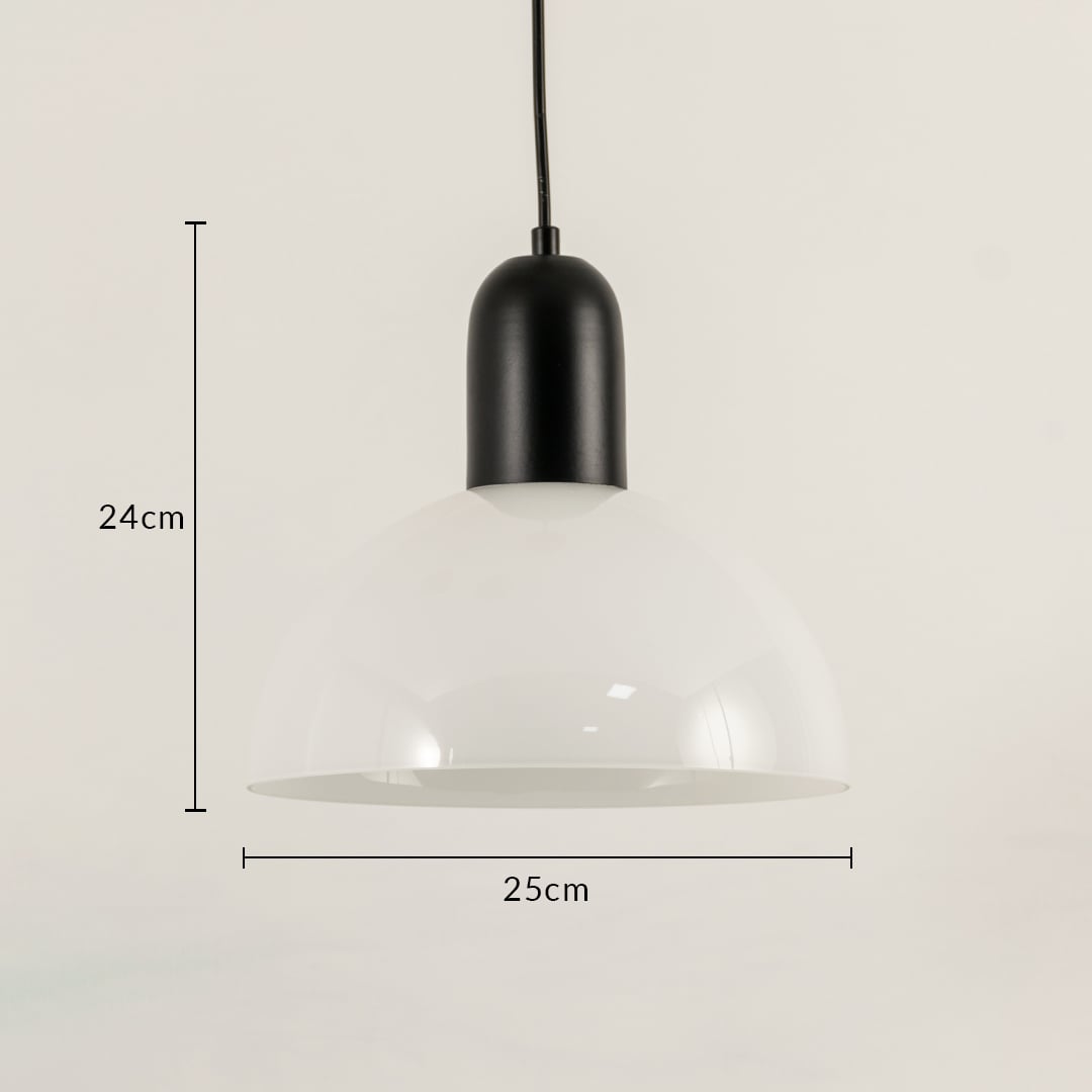 Black and white metal dome pendant light dimension image with 25 cm width and 24 cm height for contemporary dining placement.