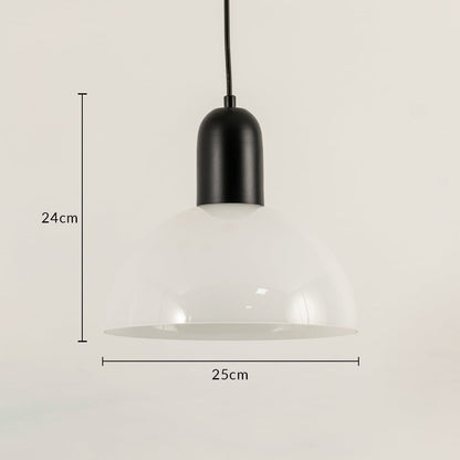 Black and white metal dome pendant light dimension image with 25 cm width and 24 cm height for contemporary dining placement.