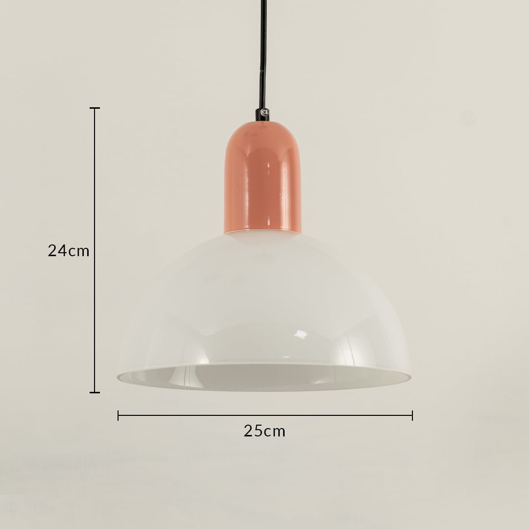 A dome pendant hanging light with a peach top measuring 24 cm height and 25 cm width shown against a clean beige background creating soft ambient lighting and modern décor.