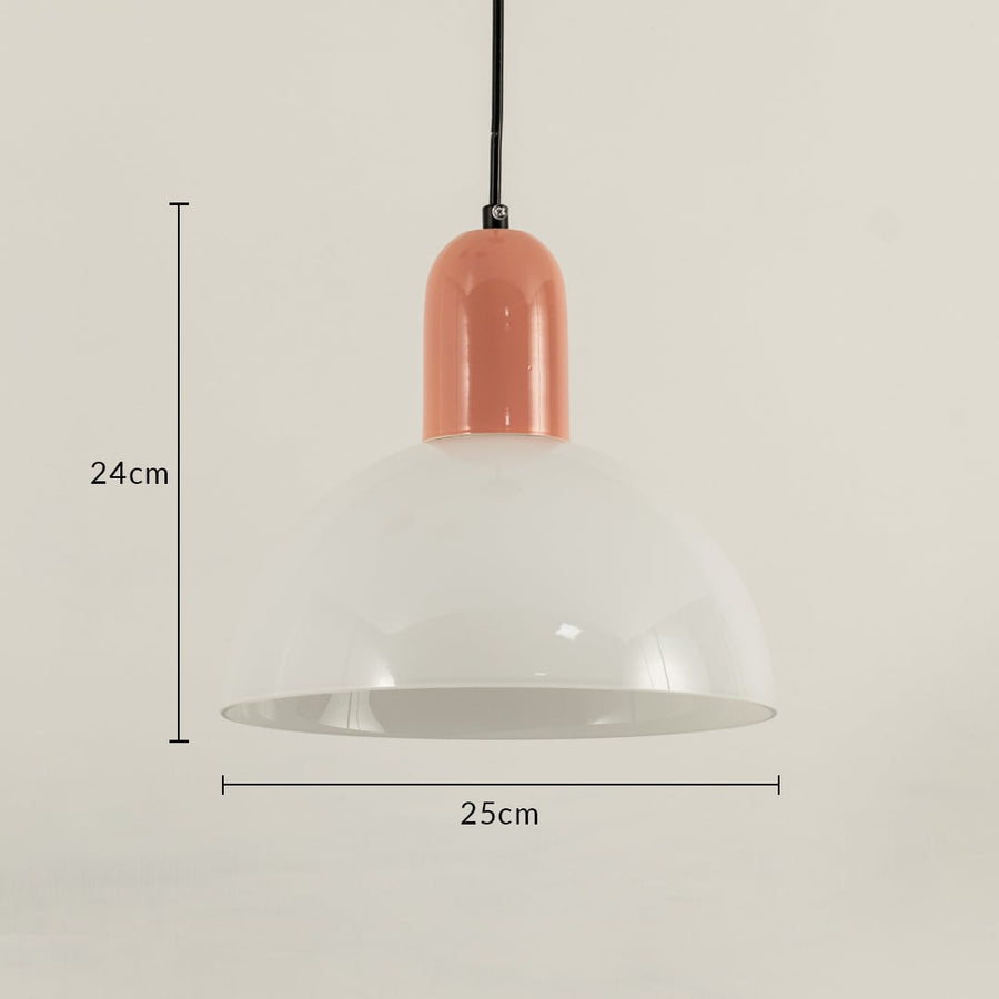 A dome pendant hanging light with a peach top measuring 24 cm height and 25 cm width shown against a clean beige background creating soft ambient lighting and modern décor.