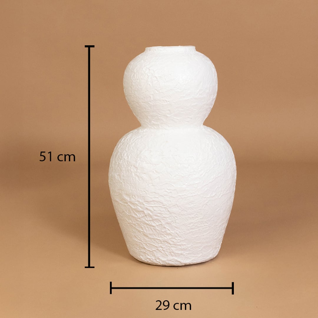 White textured decorative vase shown with 51 cm height and 29 cm width for accurate placement in modern home interior decor settings.