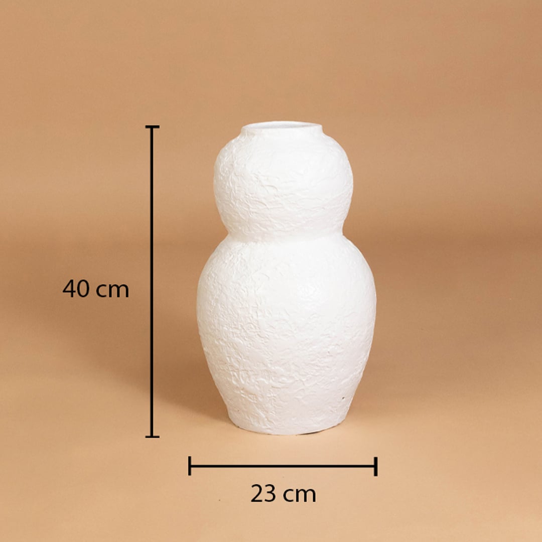White textured decorative vase shown with 40 cm height and 23 cm width for accurate placement in modern home interior decor settings.