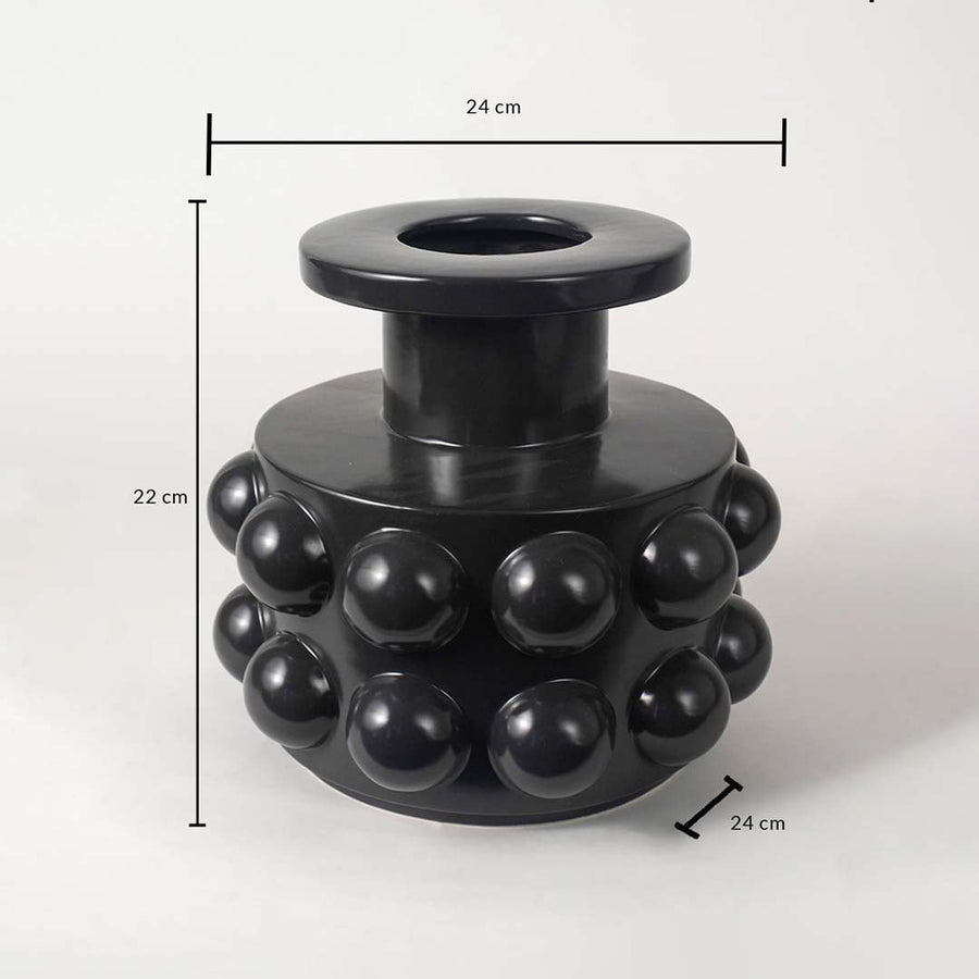 Black ceramic vase measuring 22 cm in height and 24 cm in width featuring a glossy spherical textured surface.
