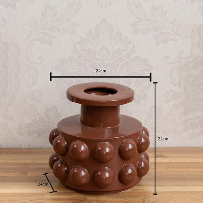A brown textured vase displayed with dimensions showing 24 cm width 22 cm height and 24 cm depth offering a clear view of its full size.