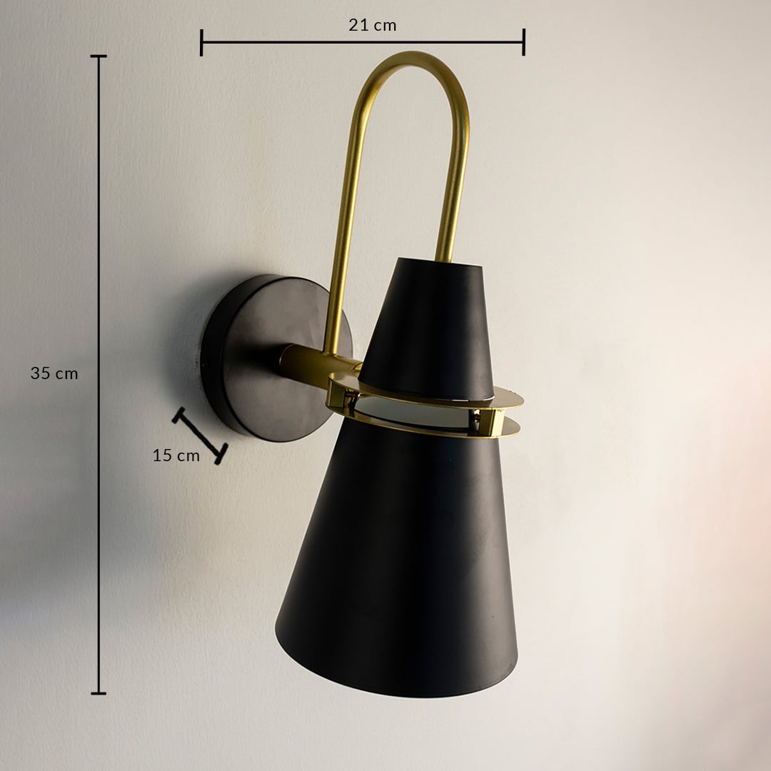 Black and gold wall light 35 cm tall and 21 cm wide shown for size detail suitable for living or bedroom lighting.