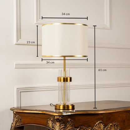 Lucent lamp with 61 cm height 34 cm shade diameter and 16 cm base featuring crystal rods and gold accents for interiors.
