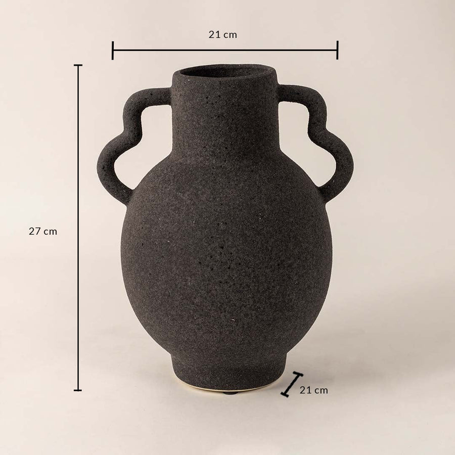 Black ceramic vase with dual curved handles showing 27 cm height and 21 cm width on white background dimension view.