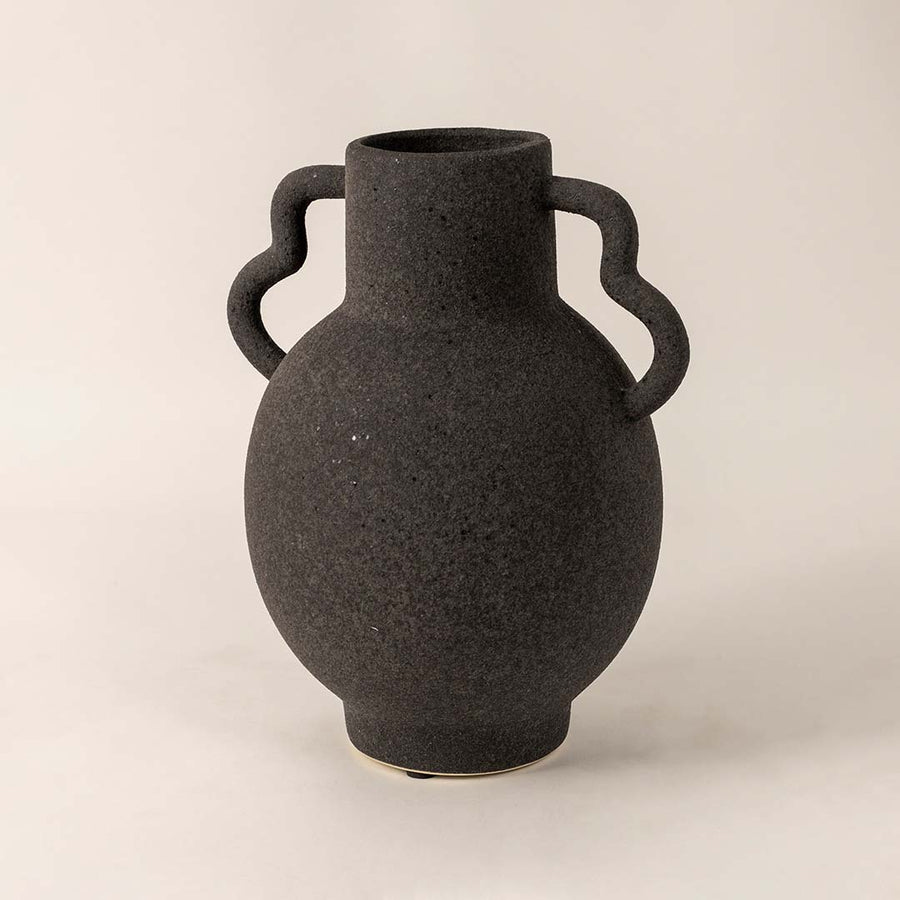 Black ceramic vase with dual curved handles and matte finish displayed on white background for elegant home decoration.