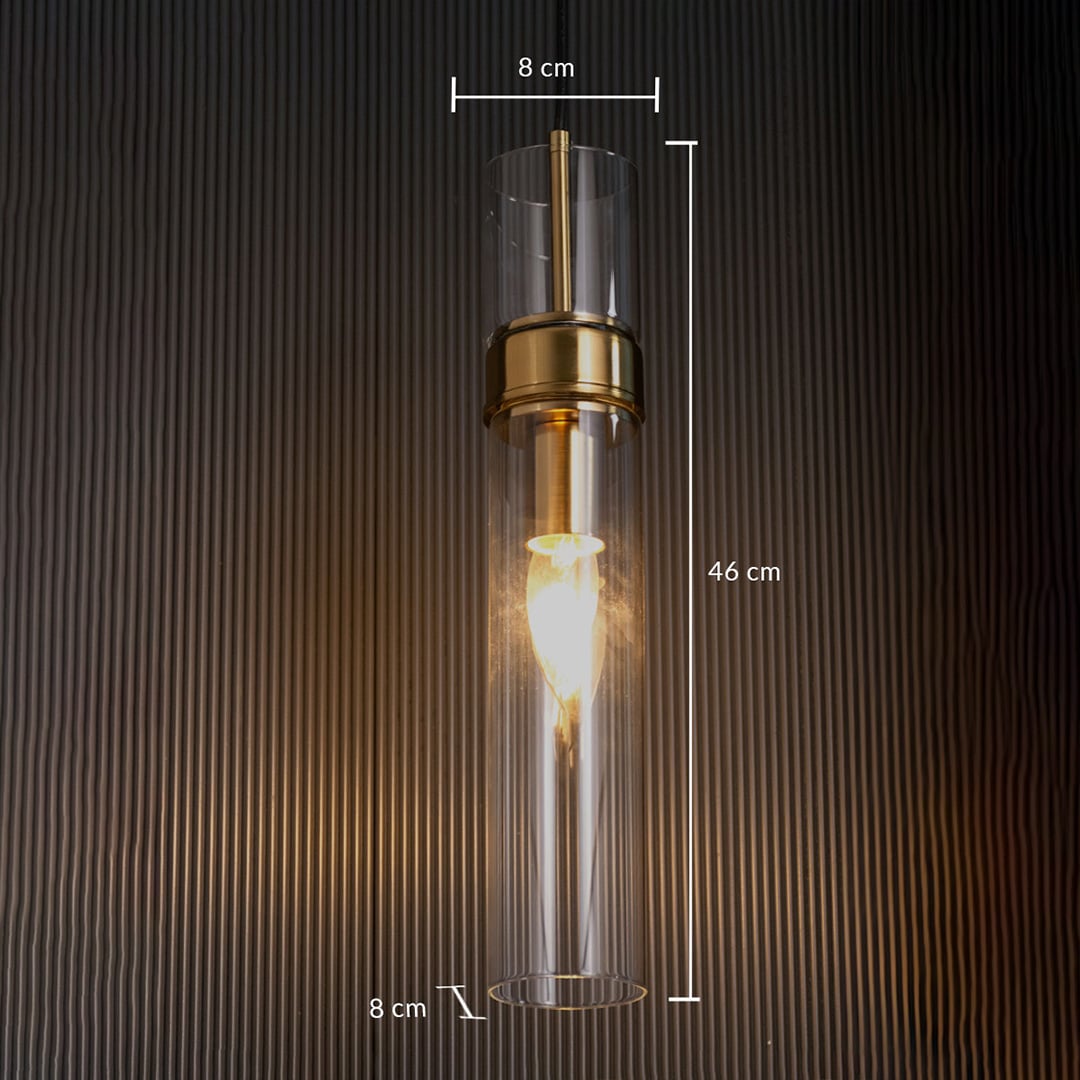 Cylindrical glass pendant light measured clearly at 46 cm height and 8 cm width with an 8 cm base shown on a dark background for accurate sizing.