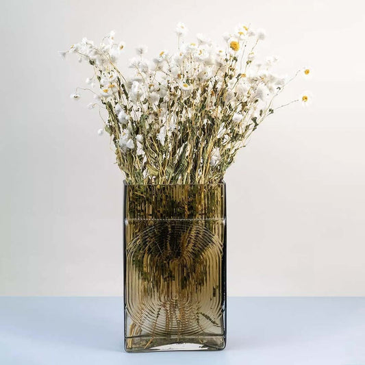 Dried white daisy flowers arranged in a transparent brown glass vase adding a rustic and elegant touch to home decor.