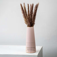Small dried grass stems arranged in a tall pink vase perfect for earthy boho home décor and modern minimal natural interior styling.