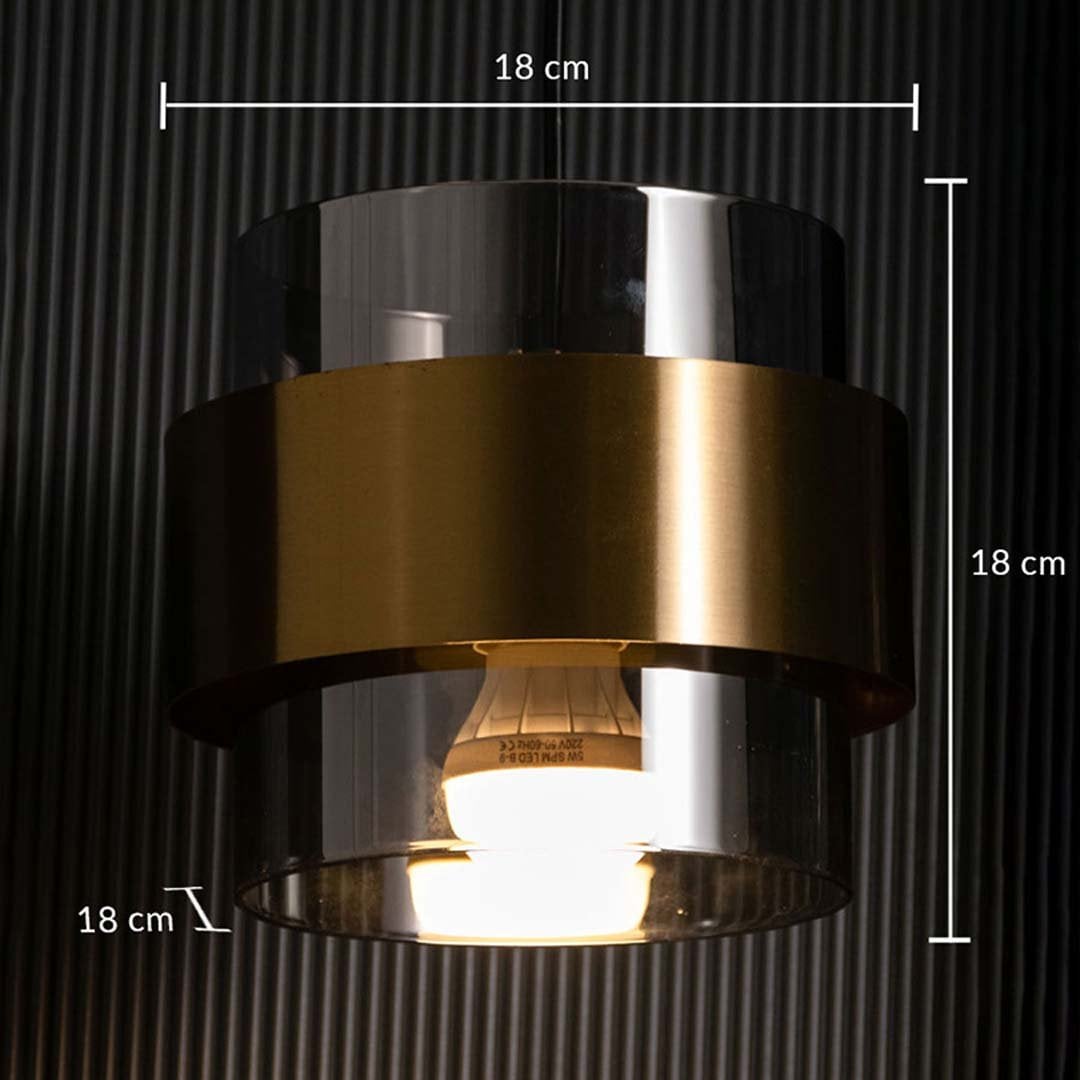 Smoky glass and brass pendant light dimension image with 18 cm width and 18 cm height for luxury bedside placement.