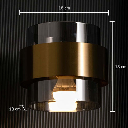 Smoky glass and brass pendant light dimension image with 18 cm width and 18 cm height for luxury bedside placement.