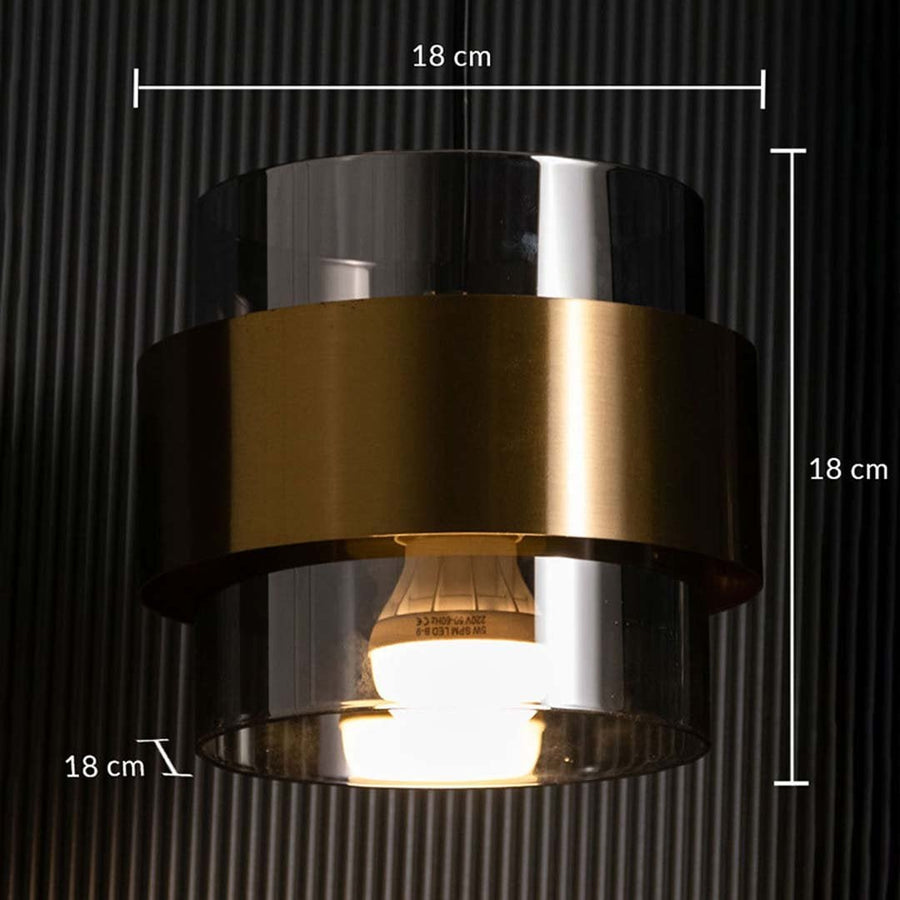 Smoky glass and brass pendant light dimension image with 18 cm width and 18 cm height for luxury bedside placement.