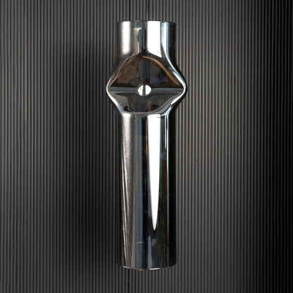 Chrome pendant light turned off softly against dark background emphasizing its polished reflective metal surface.