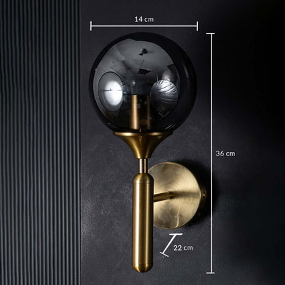 Black glass and gold metal wall light shown with 36 cm height and 14 cm width providing accurate measurement details for proper placement in interiors.