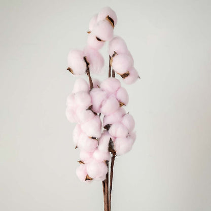 Closeup of pink cotton stem preserved artificial flowers lifestyle arrangement on soft white background.