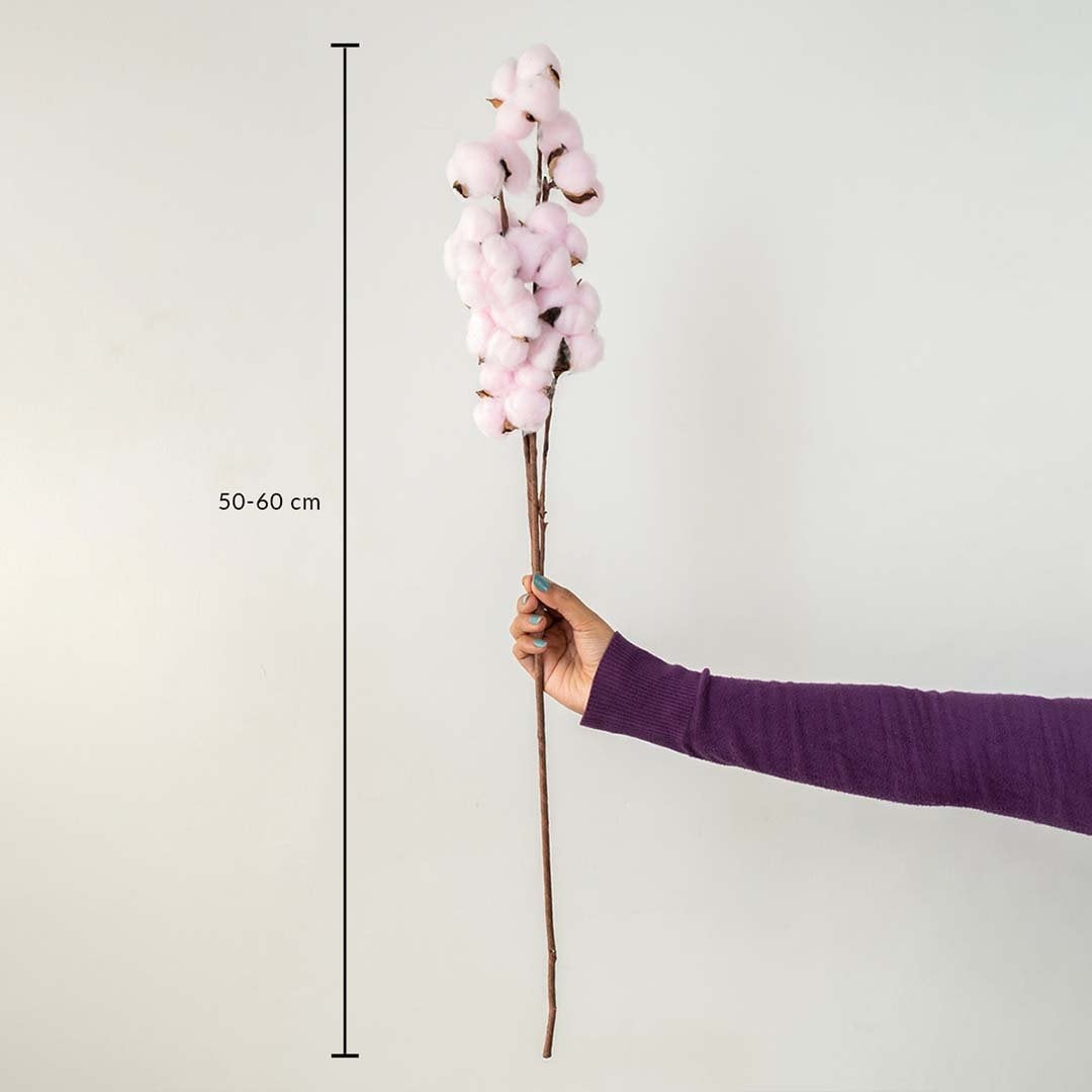 Pink cotton stem preserved artificial flowers 50-60 cm lifestyle display shown with size on white background.