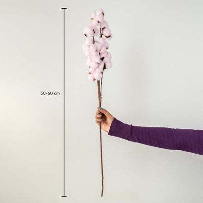 Pink cotton stem preserved artificial flowers 50-60 cm lifestyle display shown with size on white background.