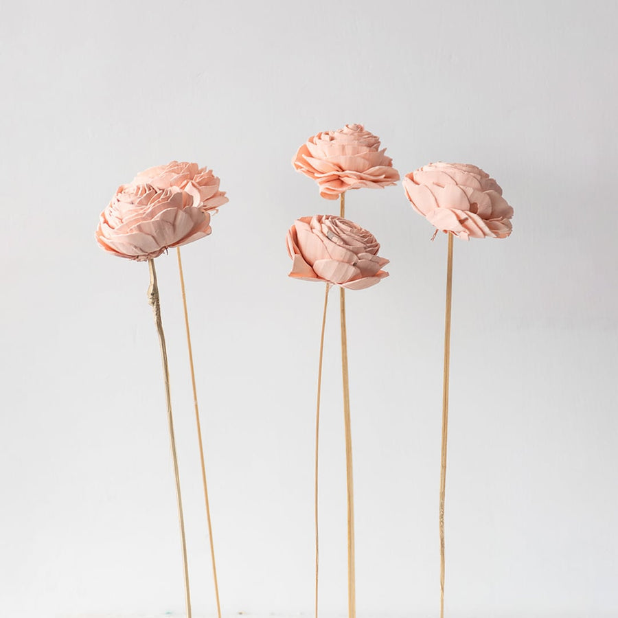 Set of peach sola flowers with natural wooden stems grouped together ideal for DIY vase arrangements and wedding decor.
