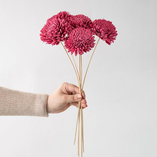 Hand holding a bundle of magenta pink handmade sola wood flower stems for vibrant chic bedroom vase decor on white background.