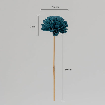 Blue artificial sola wood flower stem with 7 cm bloom and 30 cm height shown on white background for decor size reference.