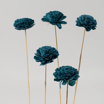 Set of blue artificial flower arrangements in clear glass vases shown together for modern home and office decor.