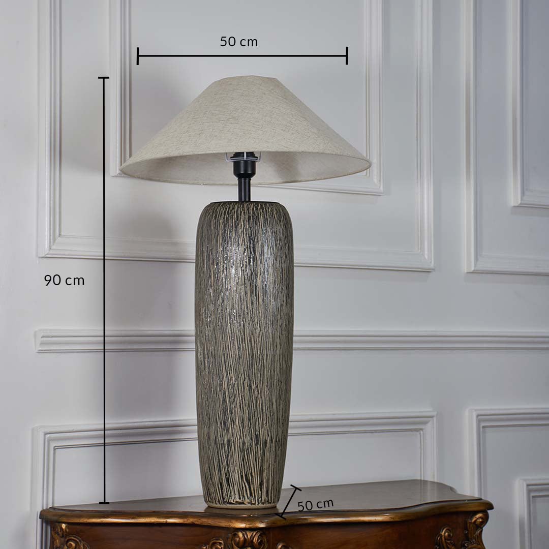 Tall grey textured ceramic floor lamp shown with 90 cm height 50 cm shade width and 50 cm base width on a wooden console for clear size reference.