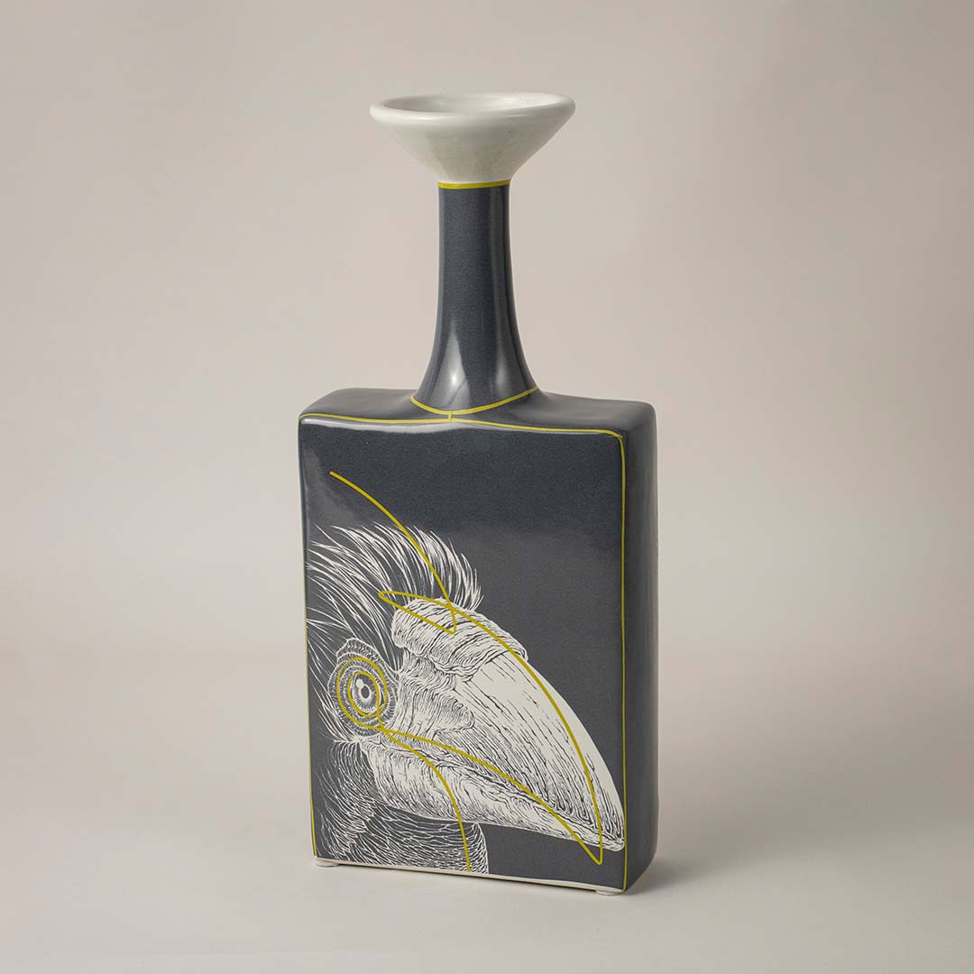 Rectangular grey ceramic vase featuring gold crane art and elegant neck for luxury home office or shelf decor style.
