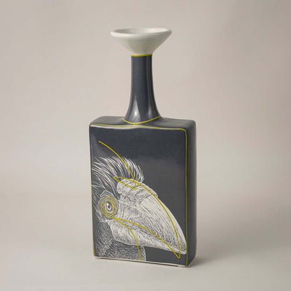 Rectangular grey ceramic vase featuring gold crane art and elegant neck for luxury home office or shelf decor style.