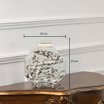 White octagon ceramic jar with grey floral artwork in a front view measuring 19 cm width and 19.5 cm height ideal for elegant tabletop décor styling.