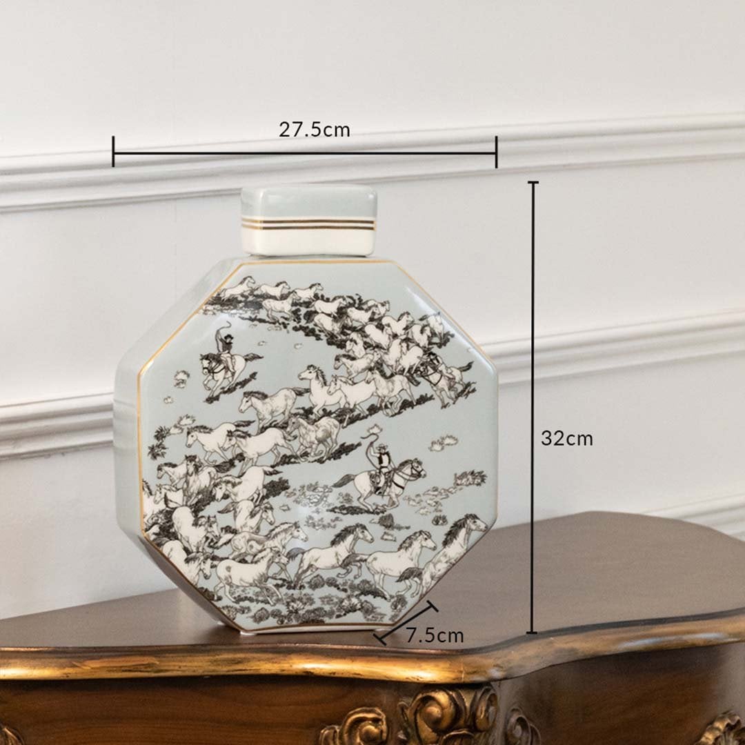 White ceramic jar with grey floral artwork measuring 27 cm width and 28.5 cm height perfect for elegant tabletop décor and subtle home accents.