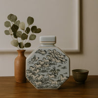 Hexagon ceramic jar with floral artwork displayed on a wooden shelf beside a vase offering a natural decorative accent that enhances home décor with soft beauty.