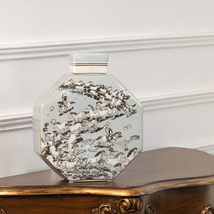 Ceramic jar decorated with detailed grey scenic artwork shown in a closeup view highlighting fine lines depth and texture creating a traditional handpainted décor accent for classic interiors.